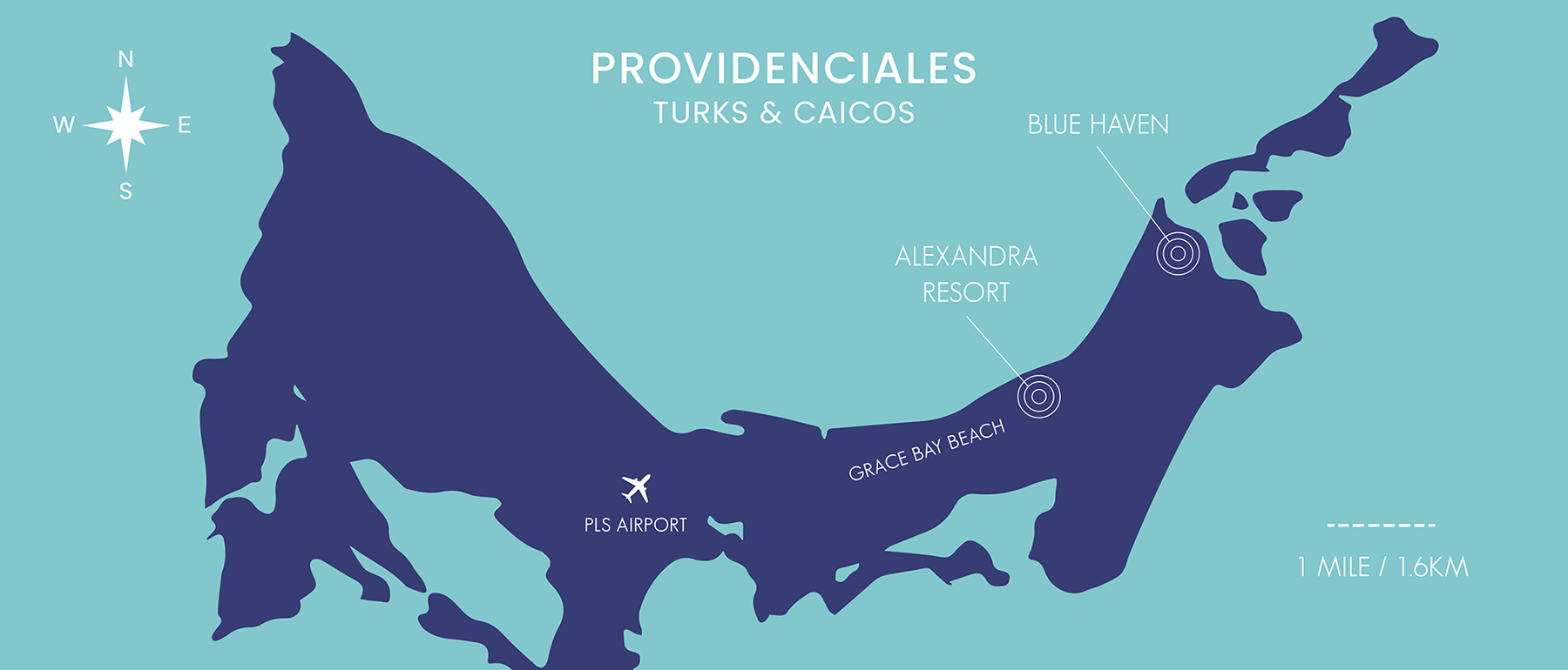Resort location map for Alexandra Resort and Blue Haven in Providenciales, Turks and Caicos Islands.
